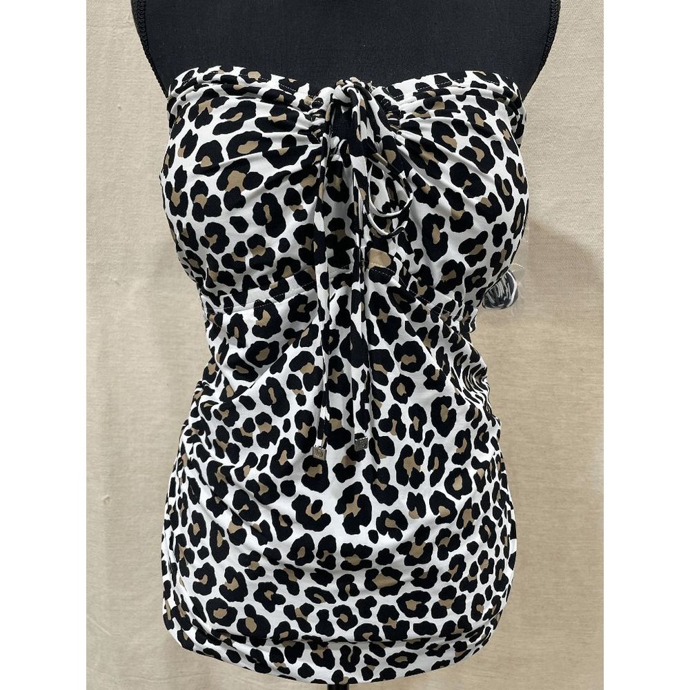 MICHAEL Michael Kors Plus Size Logo-Ring Shirred Tankini Top - Khaki Leopard 16W - Picture 3 of 7